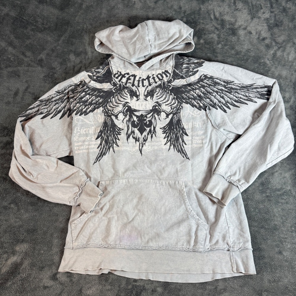 Affliction Live Fast Mens Large Gray Winged Graphic Hoodie Y2K MMA Streetwear